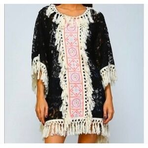 Velzera Womens Poncho One Size Black Lace Neon Embroidered Fringe Boho Festival